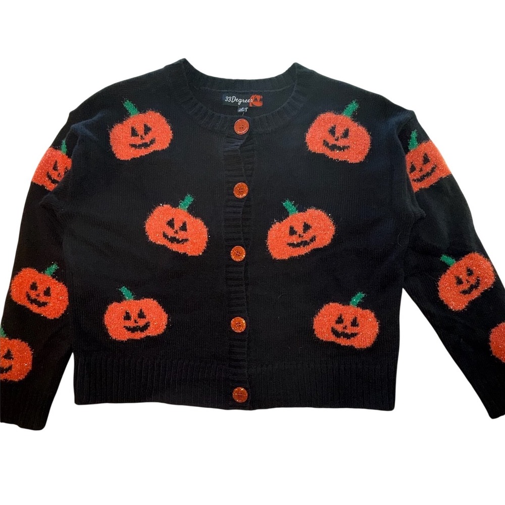 33 Degrees Halloween Pumpkin Jack O Lantern Glitter Button Cardigan Black L